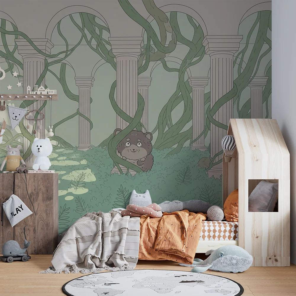 Papel de parede crianç | Floresta encantada com urso e colunas antigas