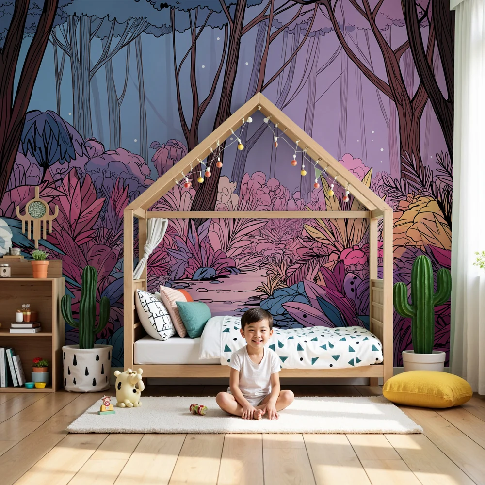 Papel de parede crianç | Floresta encantada em cores vibrantes