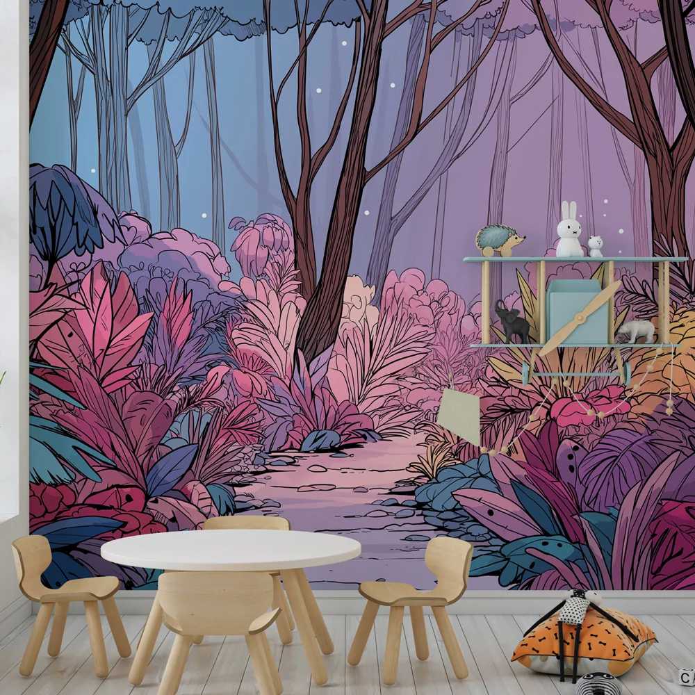 Papel de parede crianç | Floresta encantada em cores vibrantes