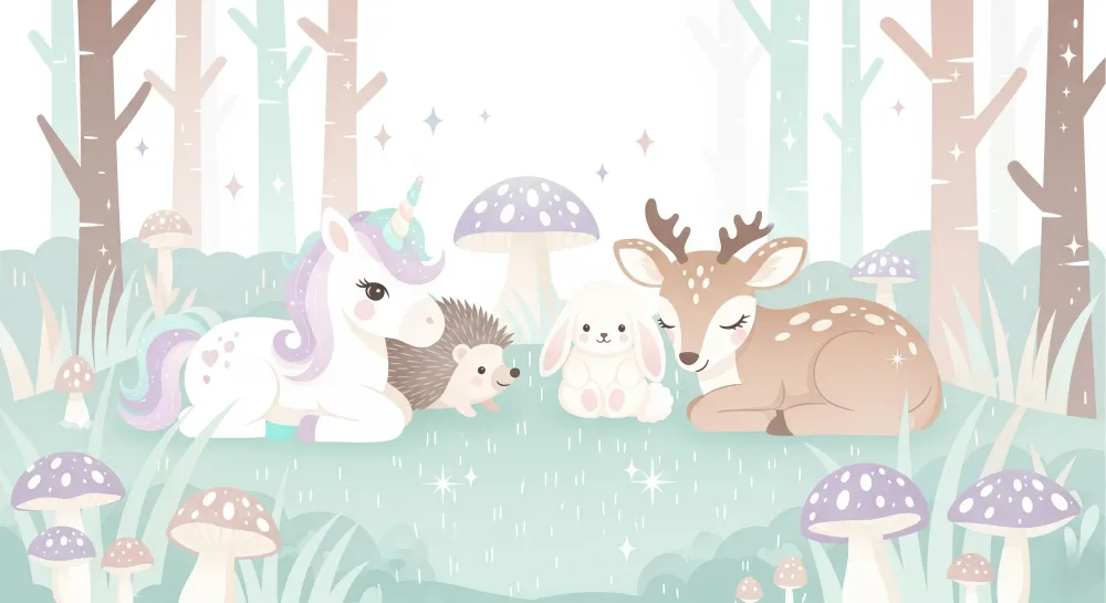 Papel de parede crianç | Floresta mágica com animais fofos