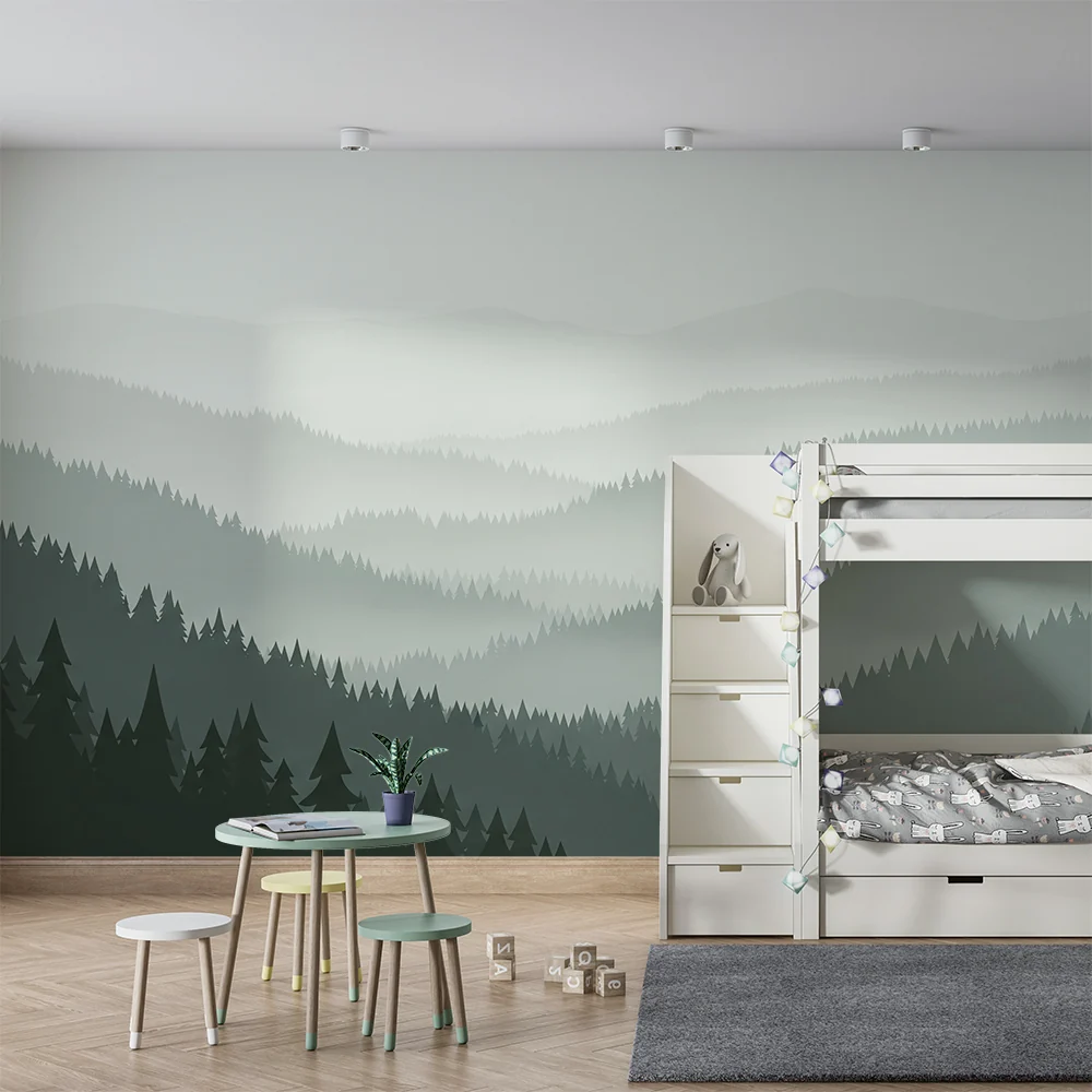 Papel de parede crianç | Floresta nebulosa com montanhas ao fundo