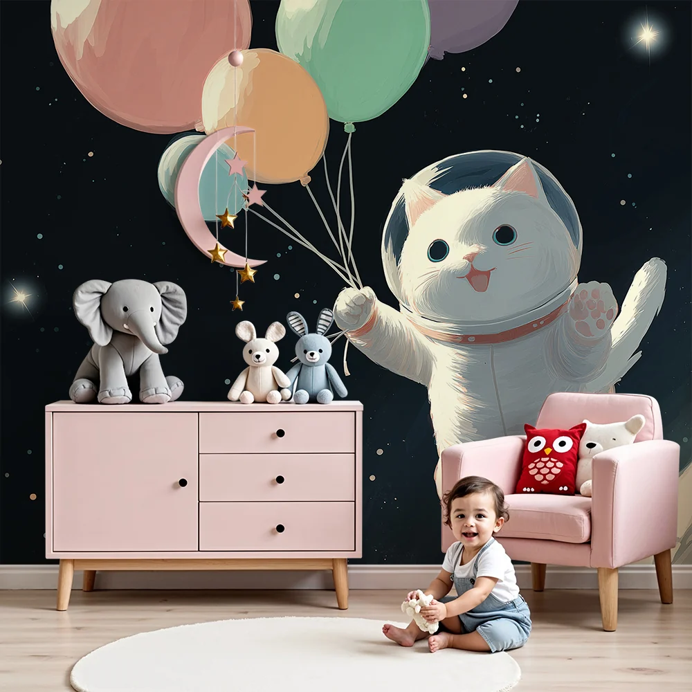 Papel de parede crianç | Flutuando gato astronauta com balões coloridos no espaço