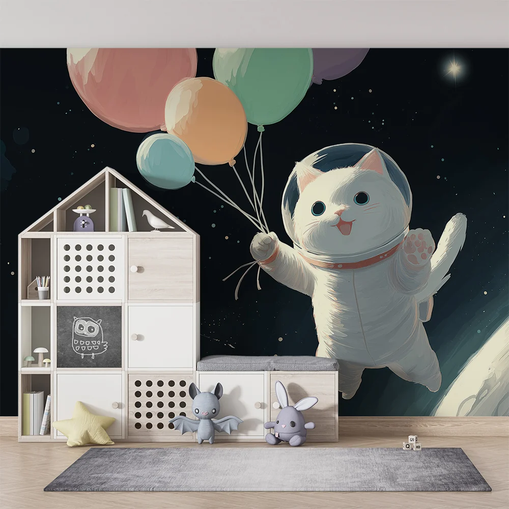 Papel de parede crianç | Flutuando gato astronauta com balões coloridos no espaço