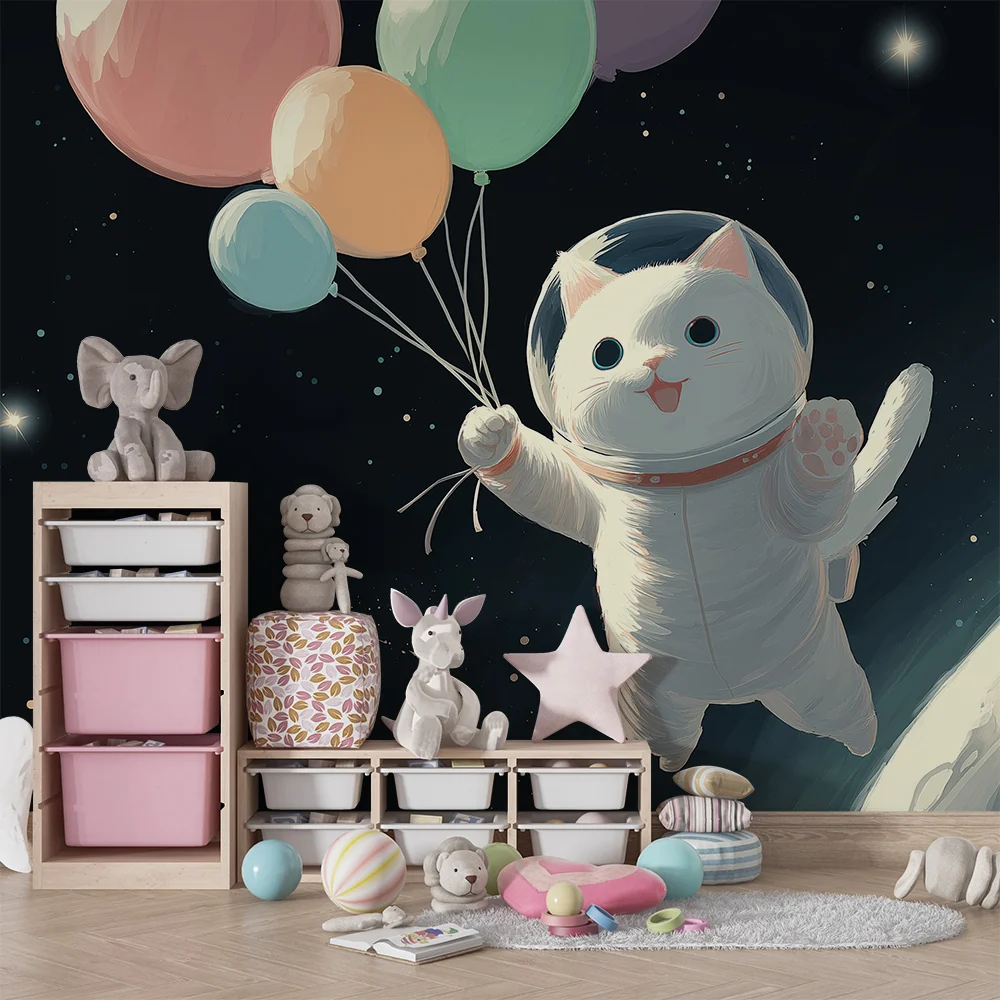 Papel de parede crianç | Flutuando gato astronauta com balões coloridos no espaço
