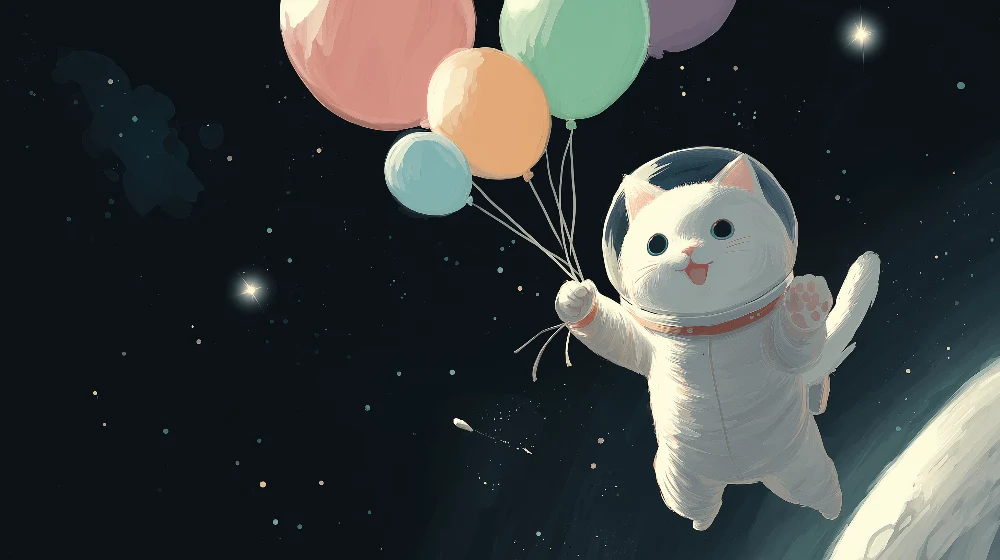 Papel de parede crianç | Flutuando gato astronauta com balões coloridos no espaço