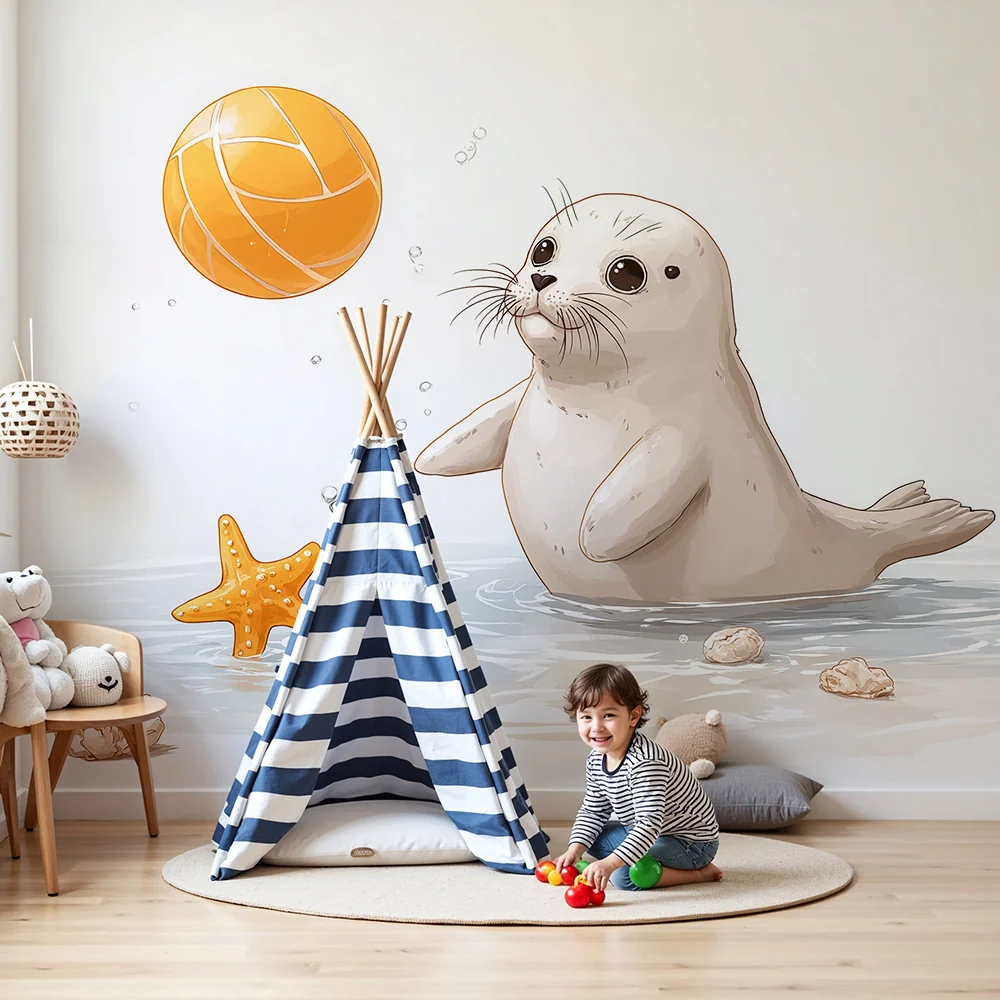Papel de parede crianç | Foca brincar com bola e estrelas do mar