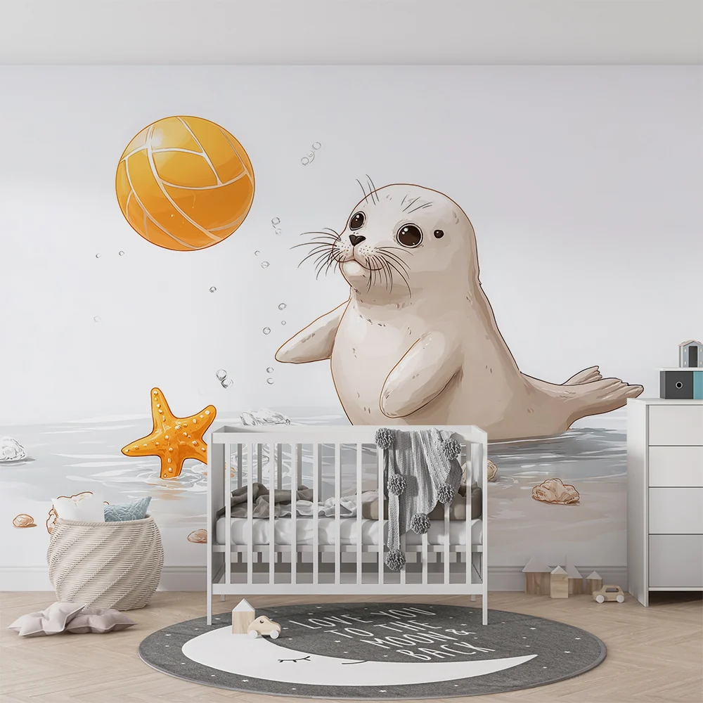 Papel de parede crianç | Foca brincar com bola e estrelas do mar