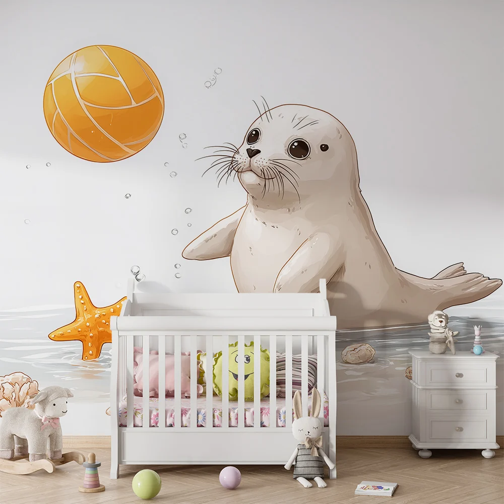 Papel de parede crianç | Foca brincar com bola e estrelas do mar
