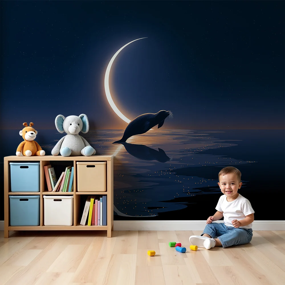 Papel de parede crianç | Foca sob lua e céu estrelado