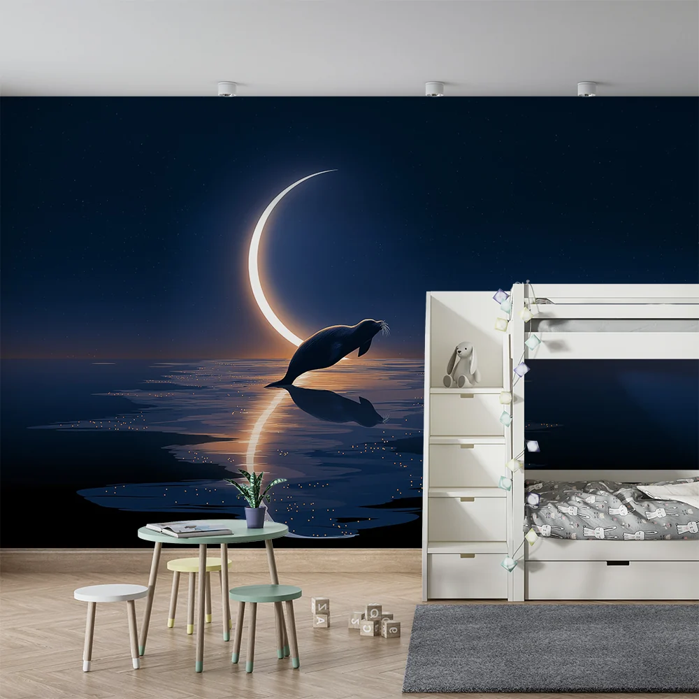 Papel de parede crianç | Foca sob lua e céu estrelado