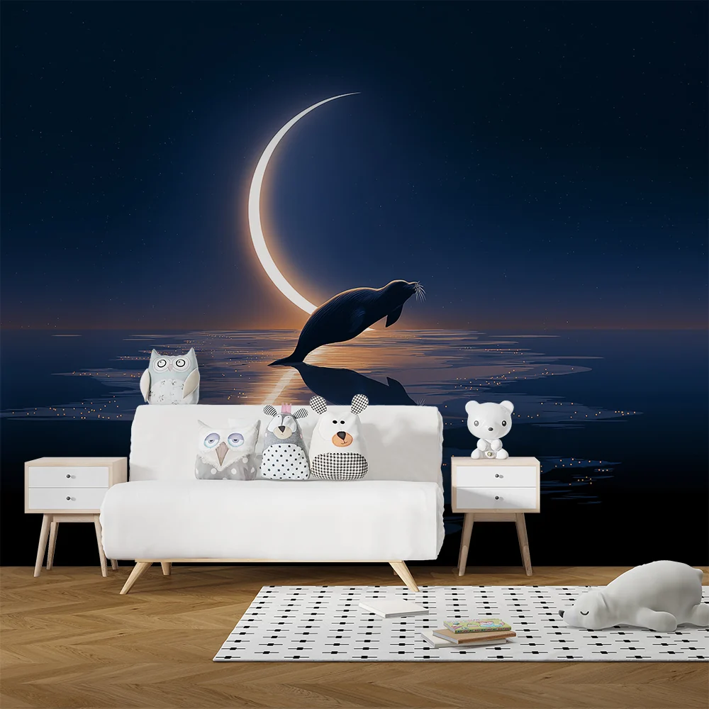 Papel de parede crianç | Foca sob lua e céu estrelado