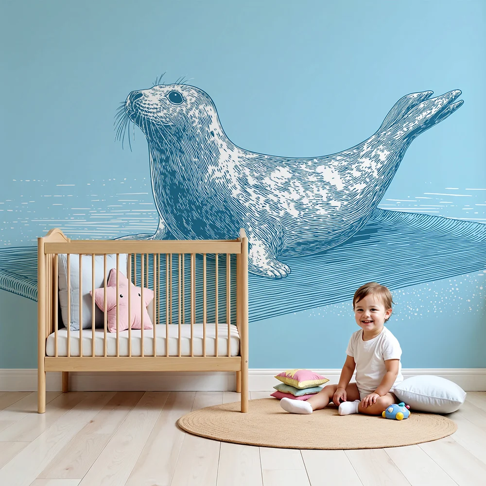 Papel de parede crianç | Foca travessa em fundo azul aquático