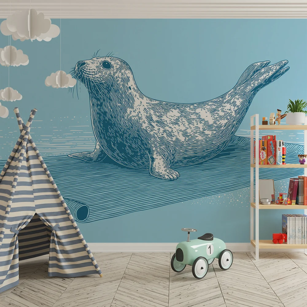 Papel de parede crianç | Foca travessa em fundo azul aquático