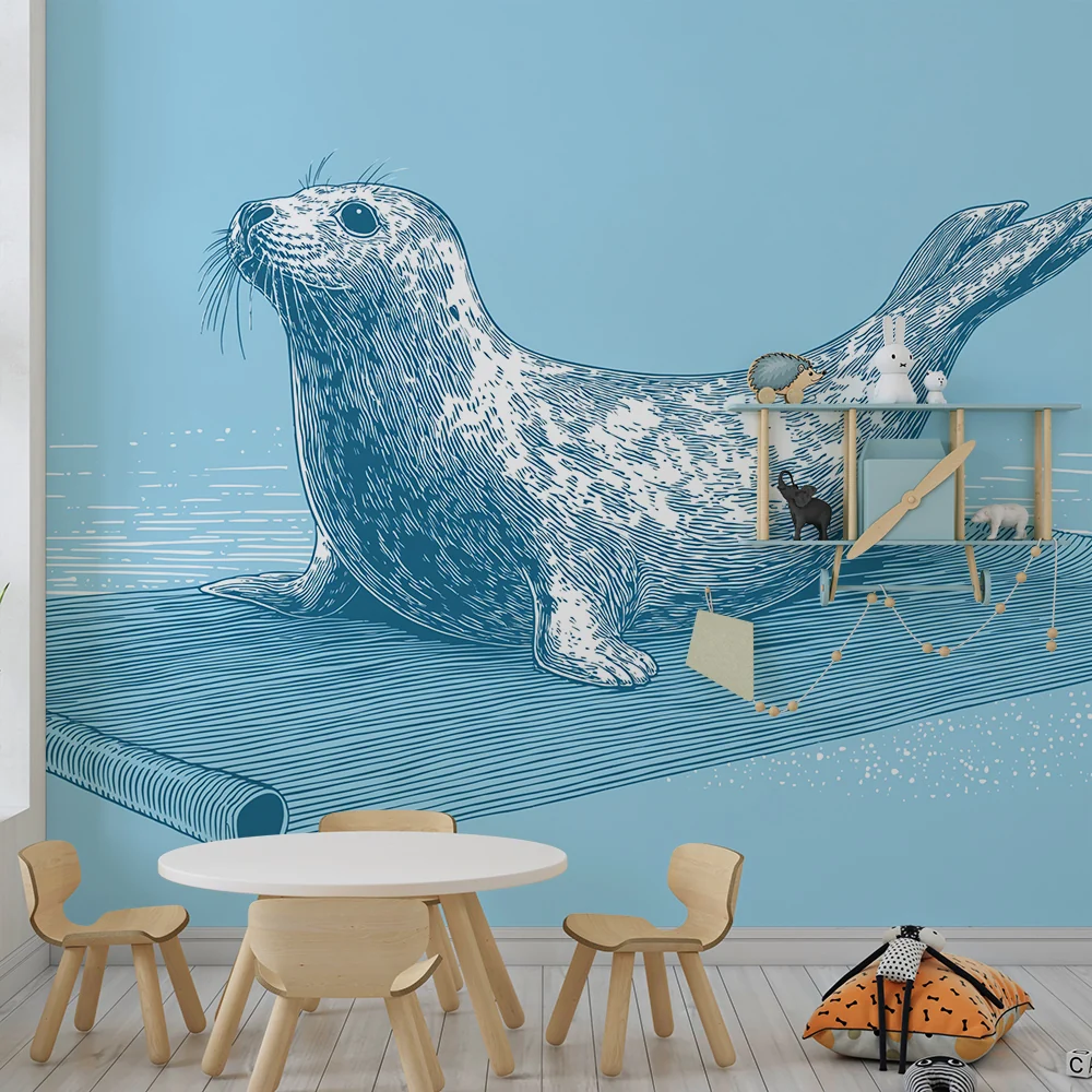 Papel de parede crianç | Foca travessa em fundo azul aquático