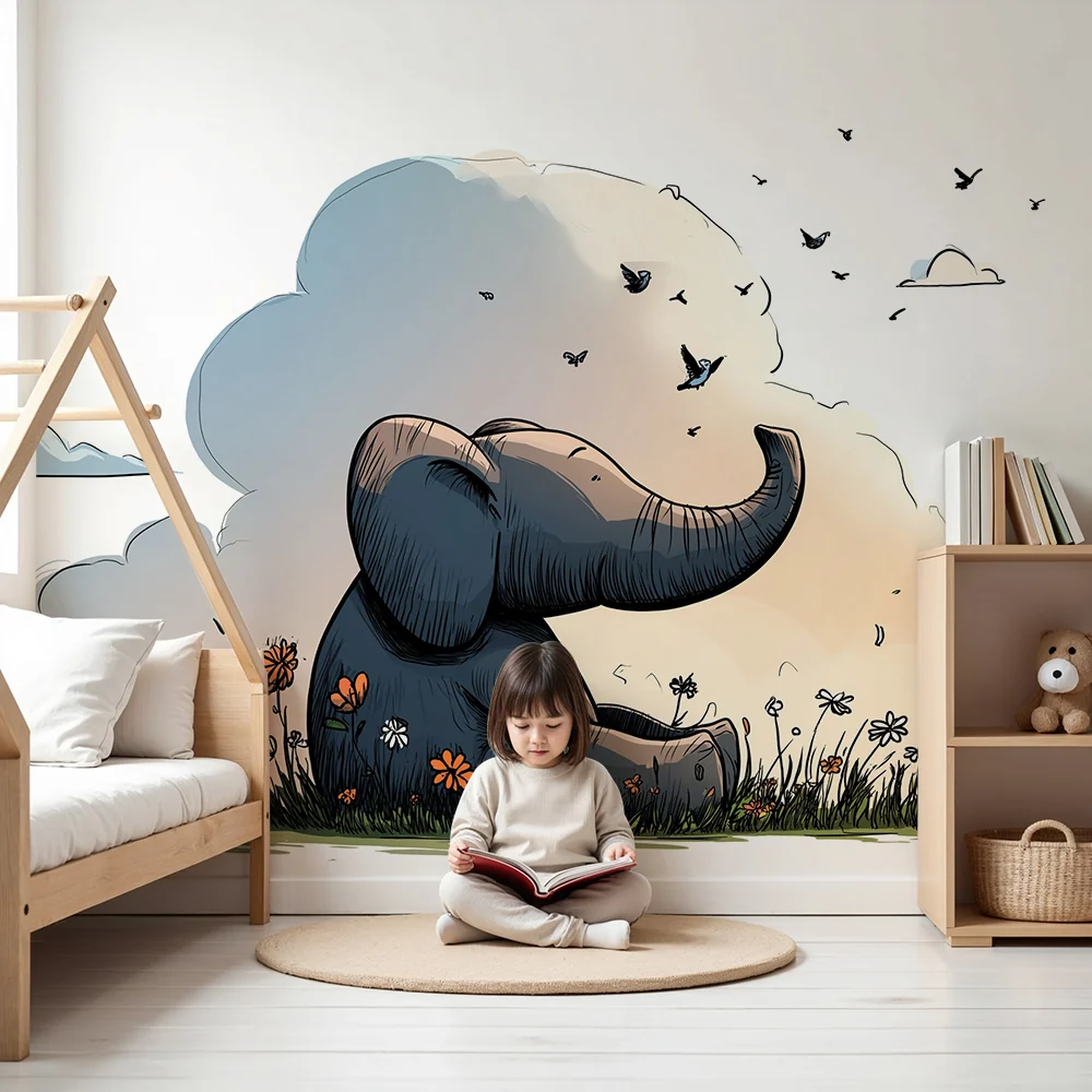 Papel de parede crianç | Fofo elefante no meio das flores e pássaros