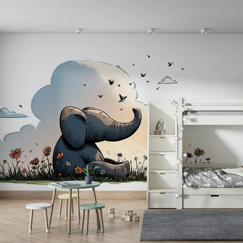 Papel de parede crianç | Fofo elefante no meio das flores e pássaros