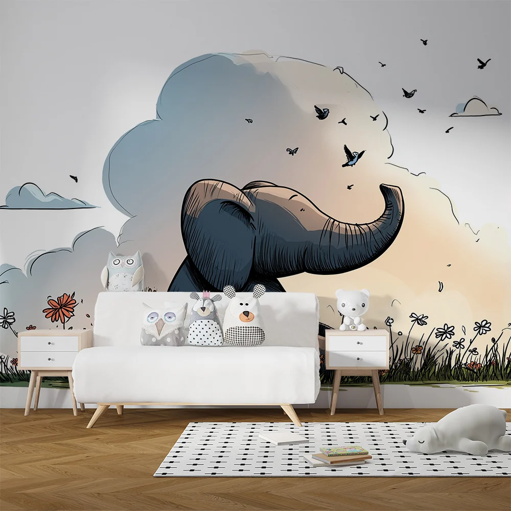 Papel de parede crianç | Fofo elefante no meio das flores e pássaros