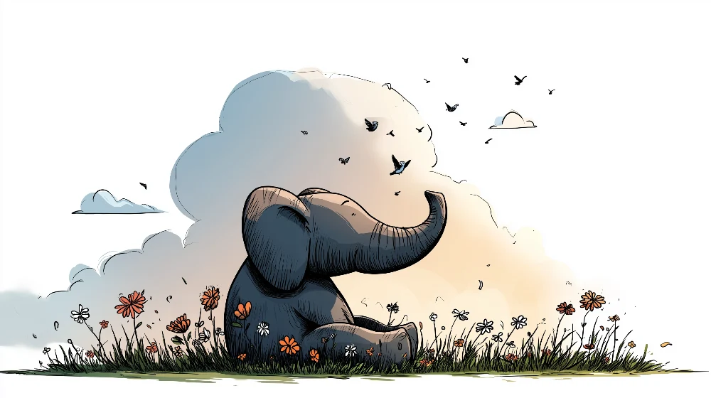 Papel de parede crianç | Fofo elefante no meio das flores e pássaros