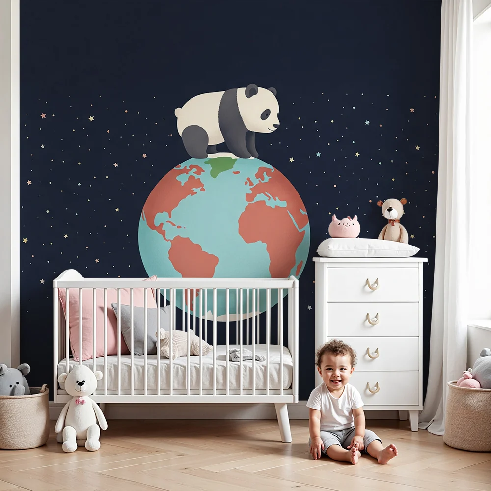 Papel de parede crianç | Fofo panda na Terra com estrelas brilhantes