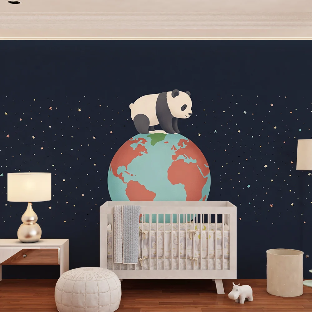 Papel de parede crianç | Fofo panda na Terra com estrelas brilhantes