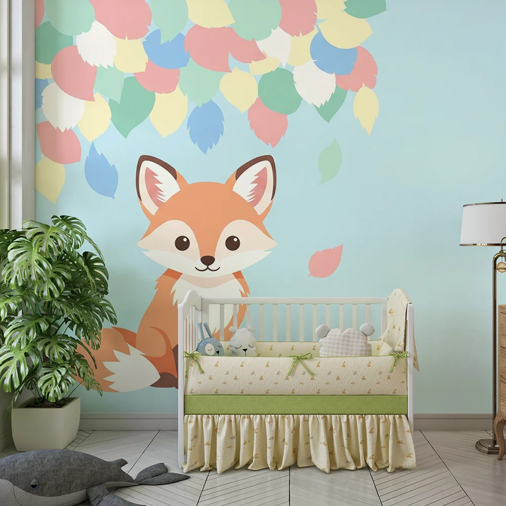 Papel de parede crianç | Fofo raposa sob folhas coloridas