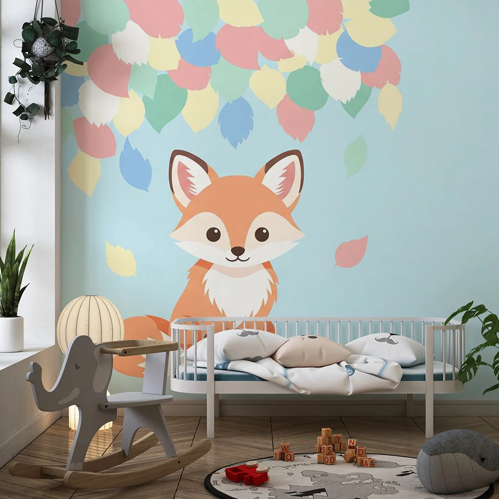 Papel de parede crianç | Fofo raposa sob folhas coloridas