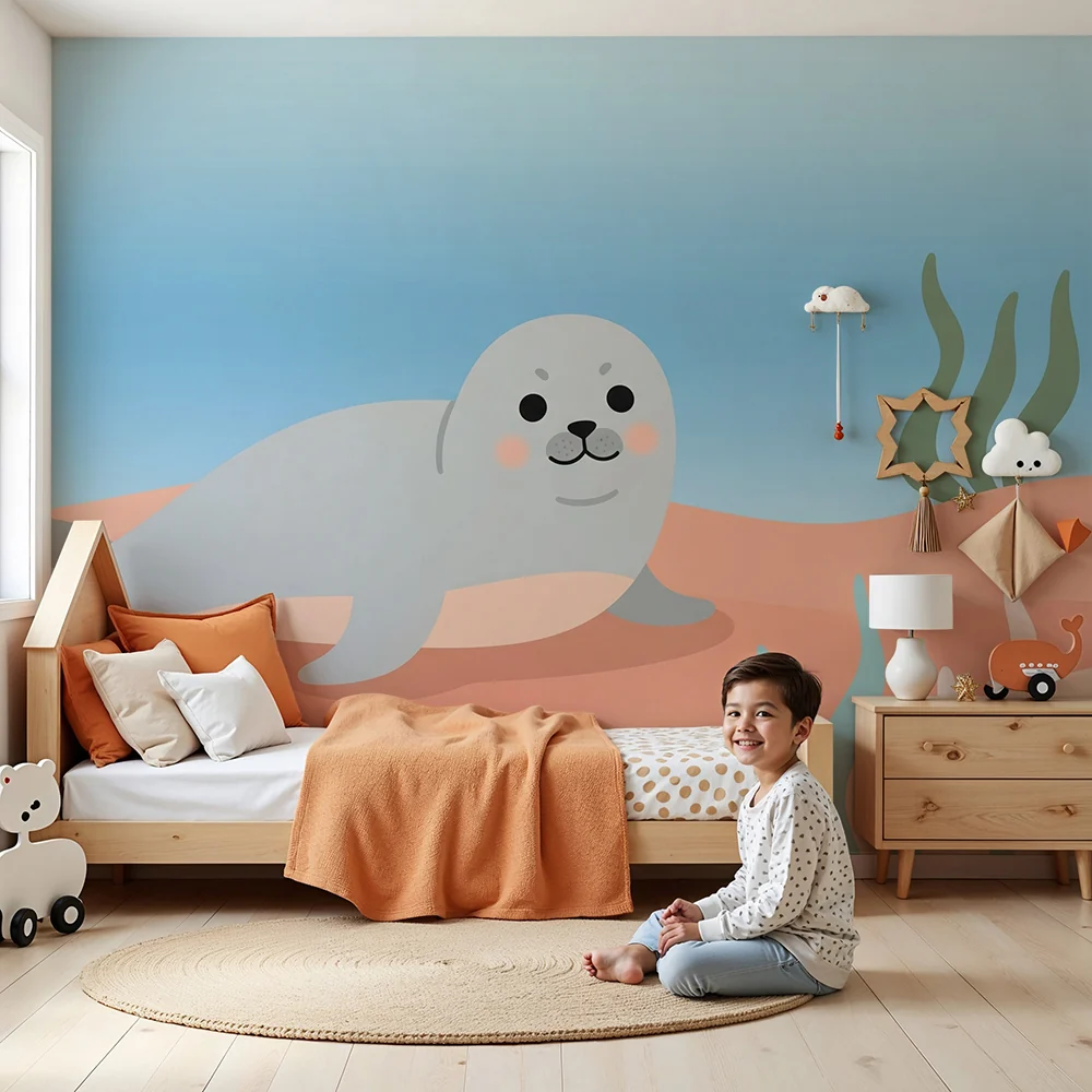 Papel de parede crianç | Fofo selo em fundo marinho pastel
