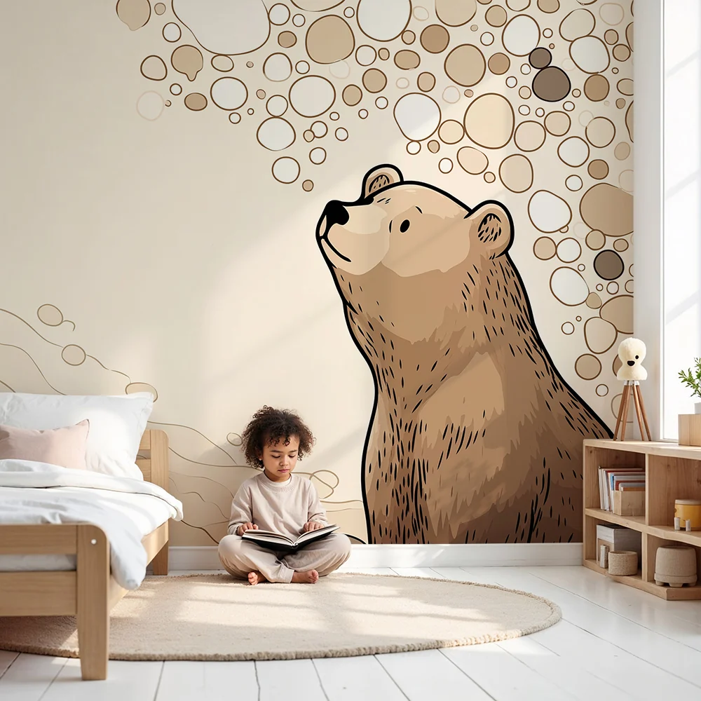 Papel de parede crianç | Fofo urso em uma decoração suave e natural