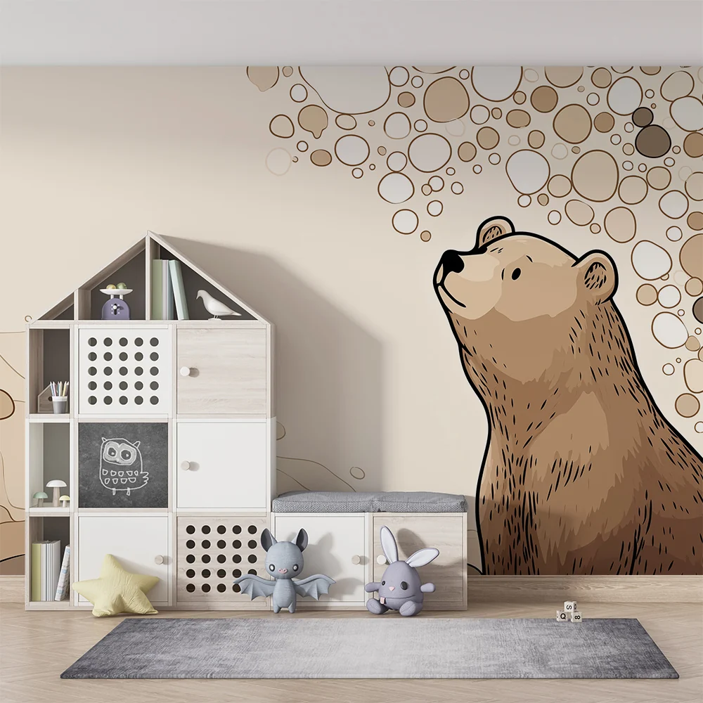 Papel de parede crianç | Fofo urso em uma decoração suave e natural