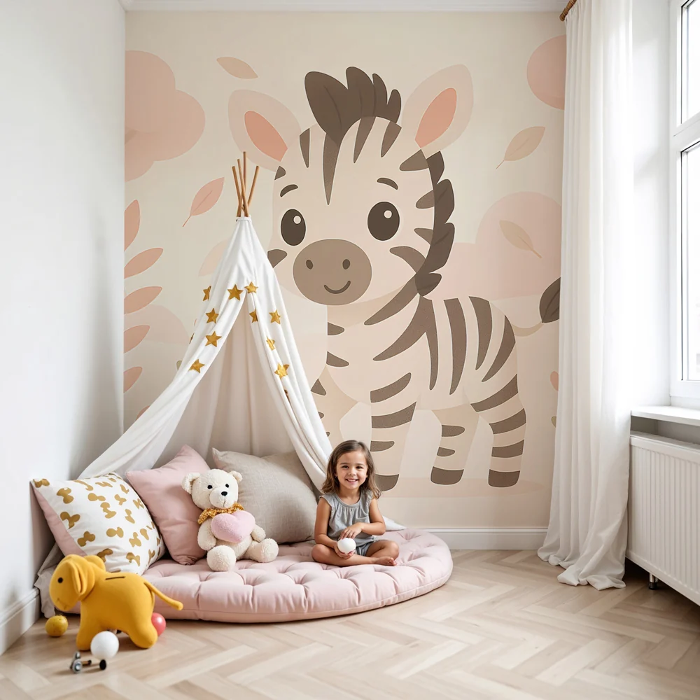 Papel de parede crianç | Fofo zebra em uma paisagem pastel