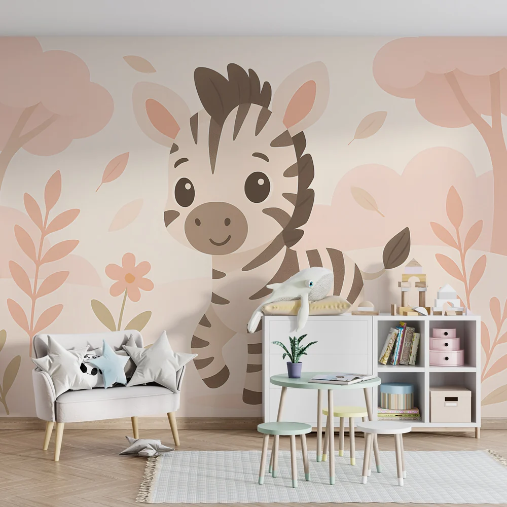 Papel de parede crianç | Fofo zebra em uma paisagem pastel