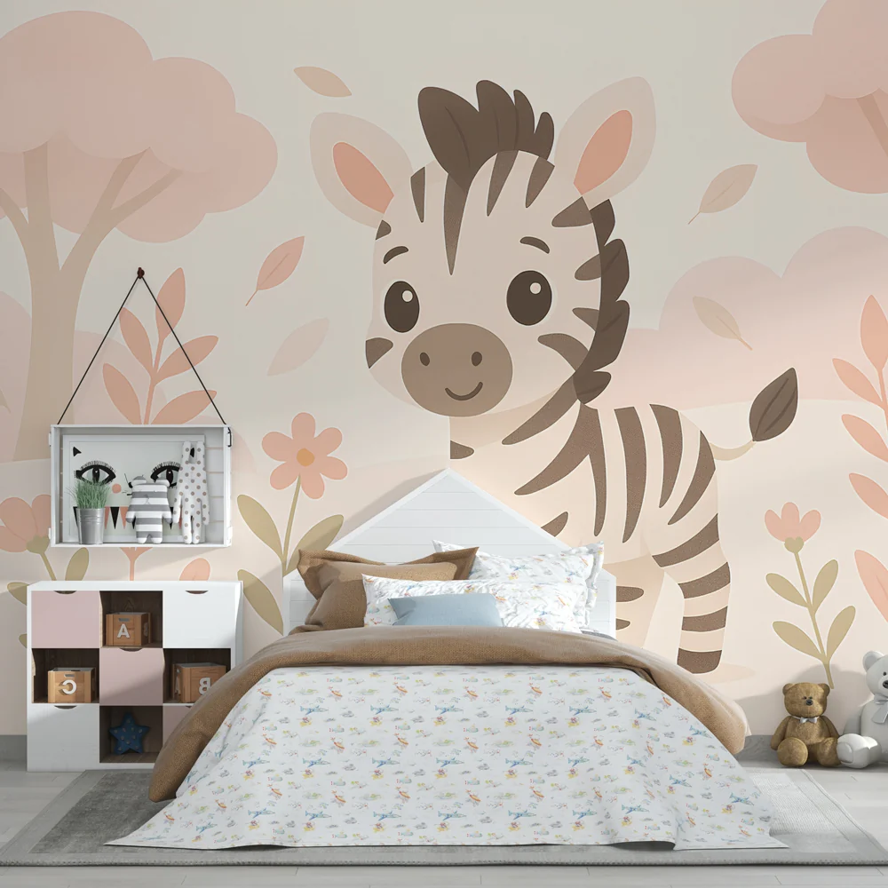 Papel de parede crianç | Fofo zebra em uma paisagem pastel