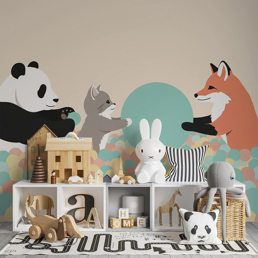 Papel de parede crianç | Fofos animais brincar num mar de bolas coloridas