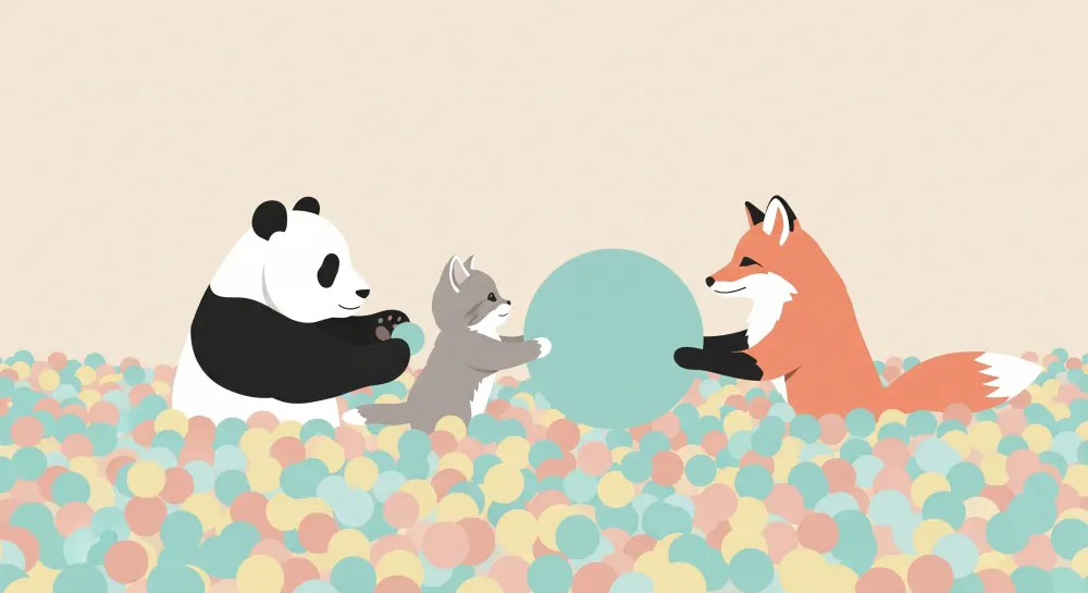 Papel de parede crianç | Fofos animais brincar num mar de bolas coloridas