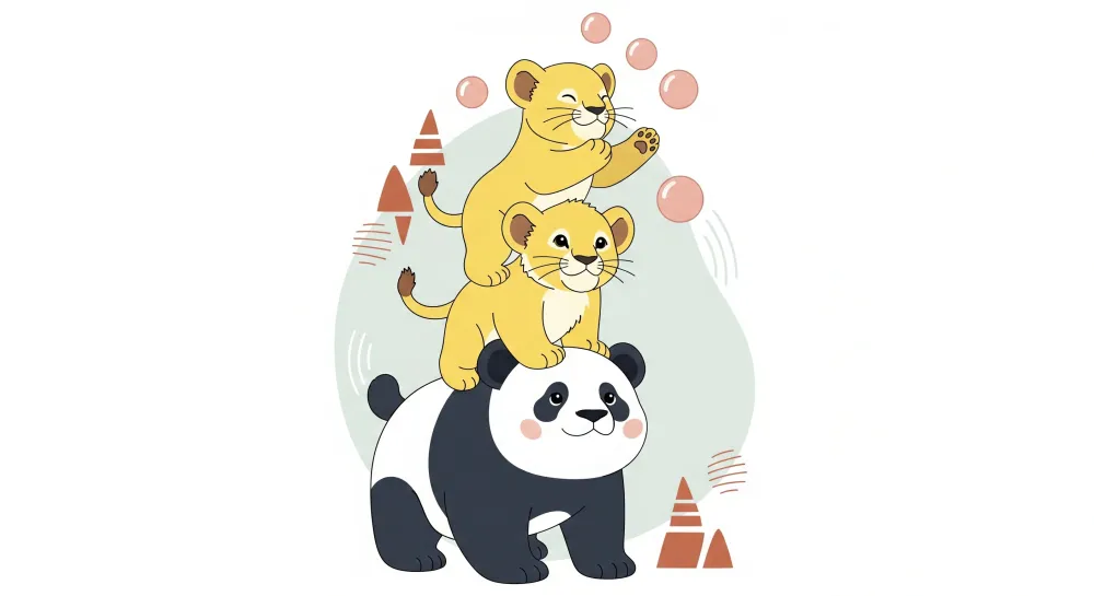 Papel de parede crianç | Fofos animais em equilíbrio com um panda e filhotes de leão