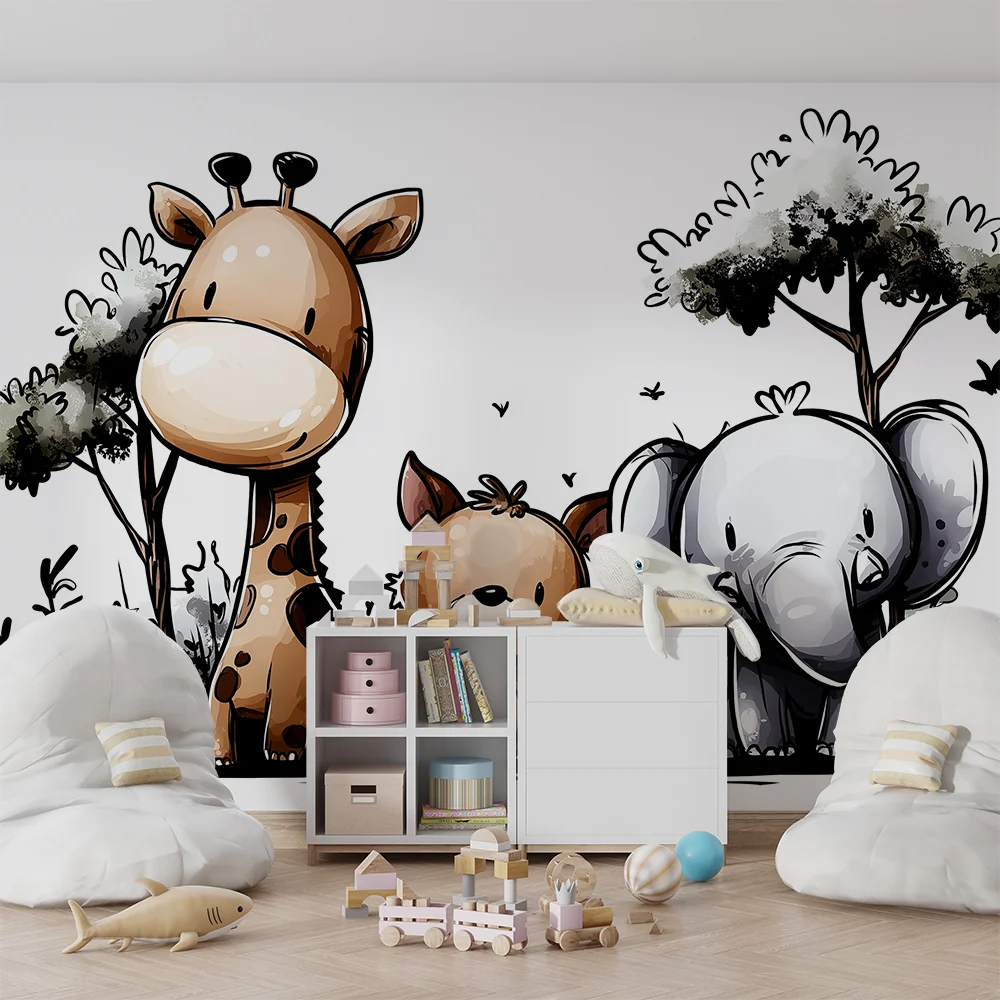 Papel de parede crianç | Fofos animais da selva com girafa, elefante e cachorrinho