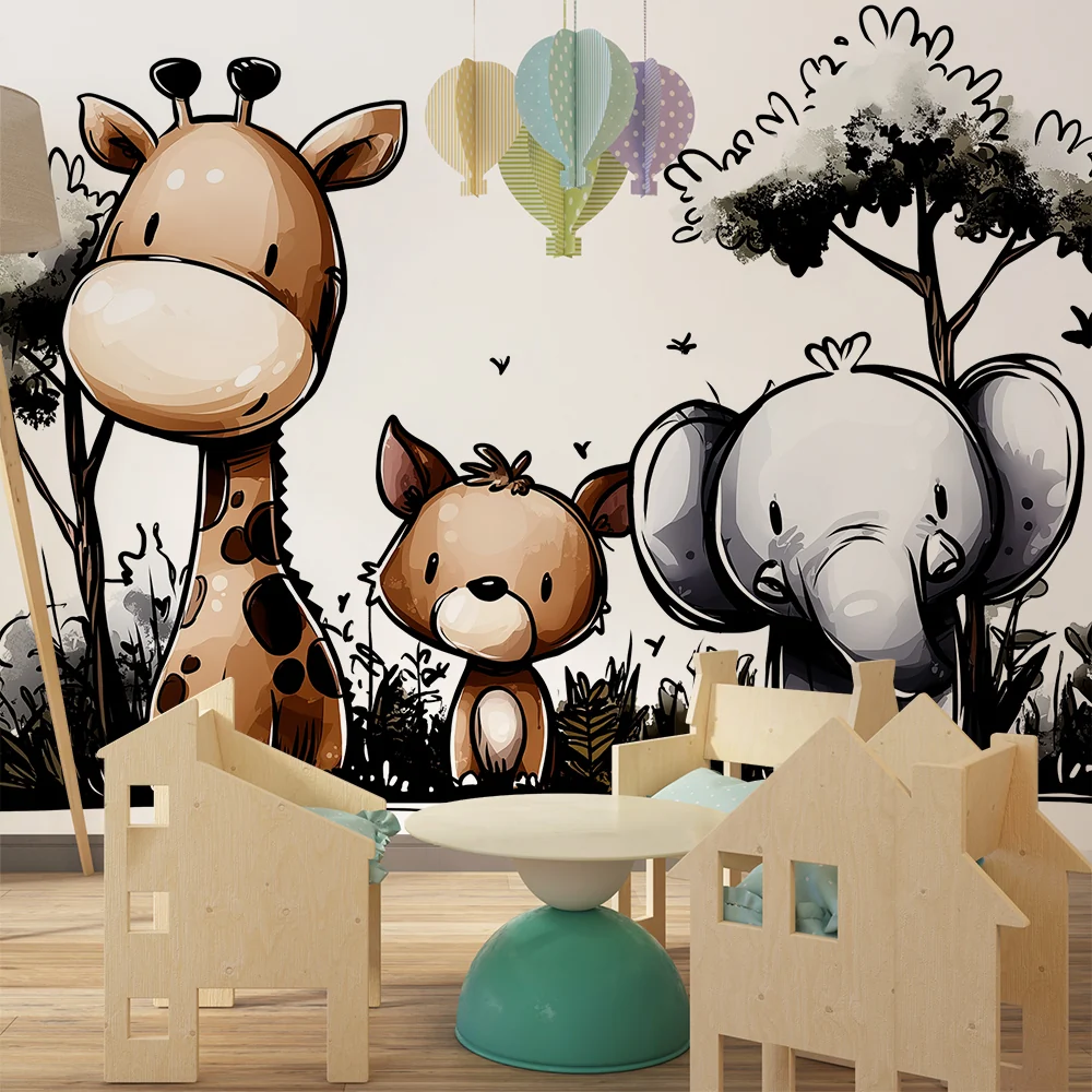 Papel de parede crianç | Fofos animais da selva com girafa, elefante e cachorrinho