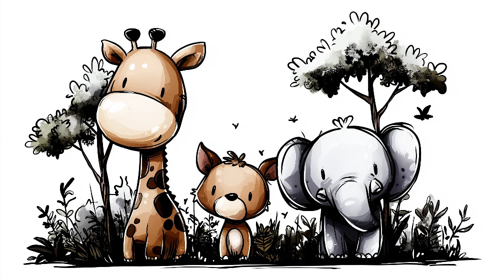 Papel de parede crianç | Fofos animais da selva com girafa, elefante e cachorrinho