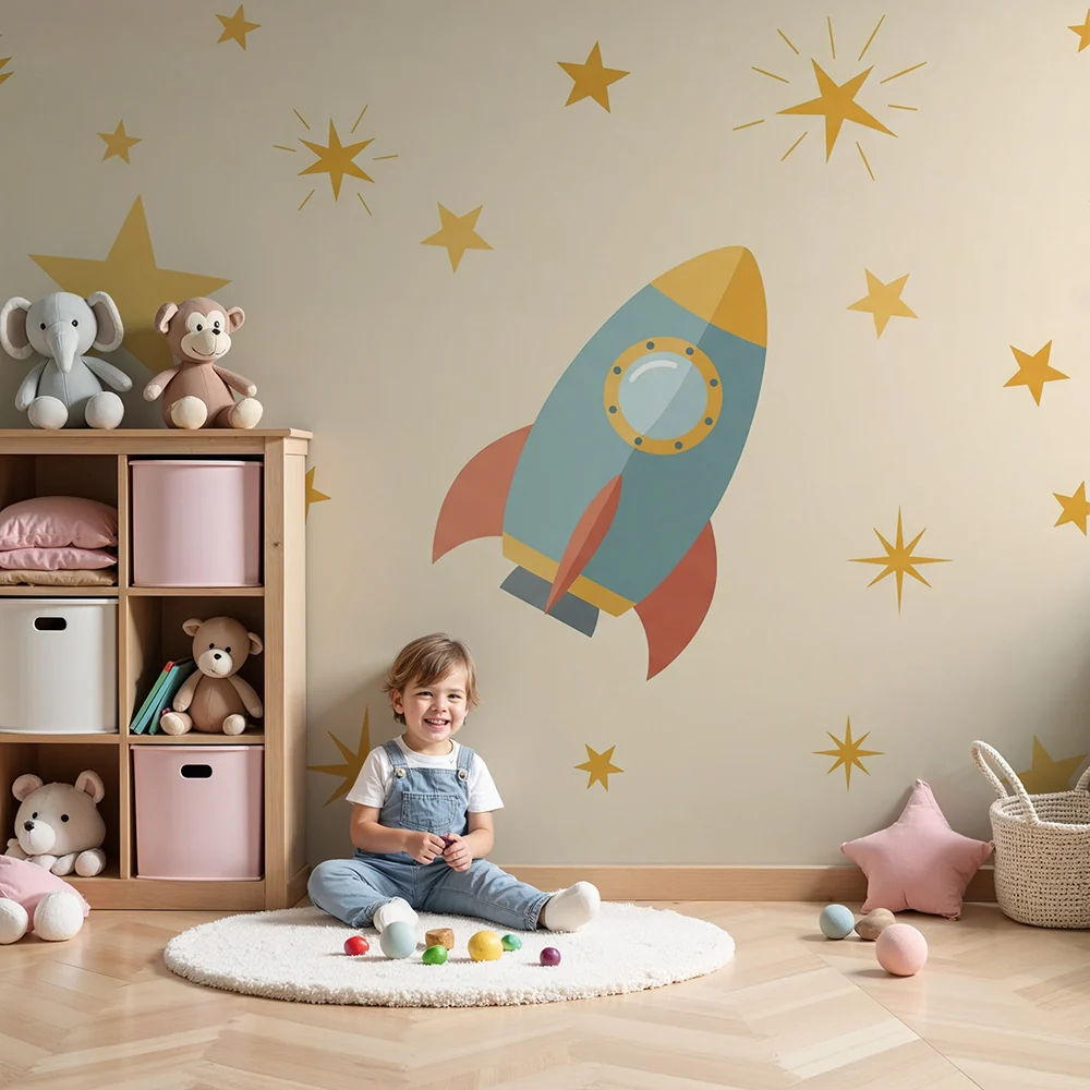 Papel de parede crianç | Foguete colorido e estrelas douradas em fundo suave