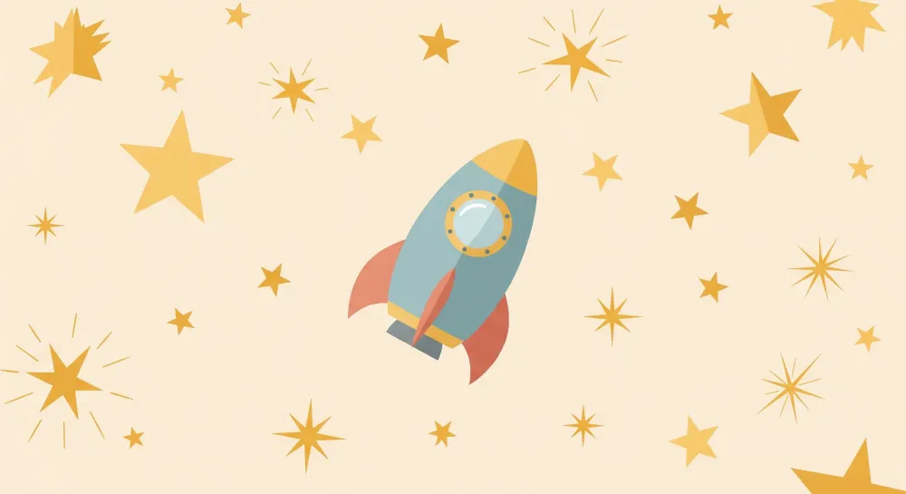 Papel de parede crianç | Foguete colorido e estrelas douradas em fundo suave