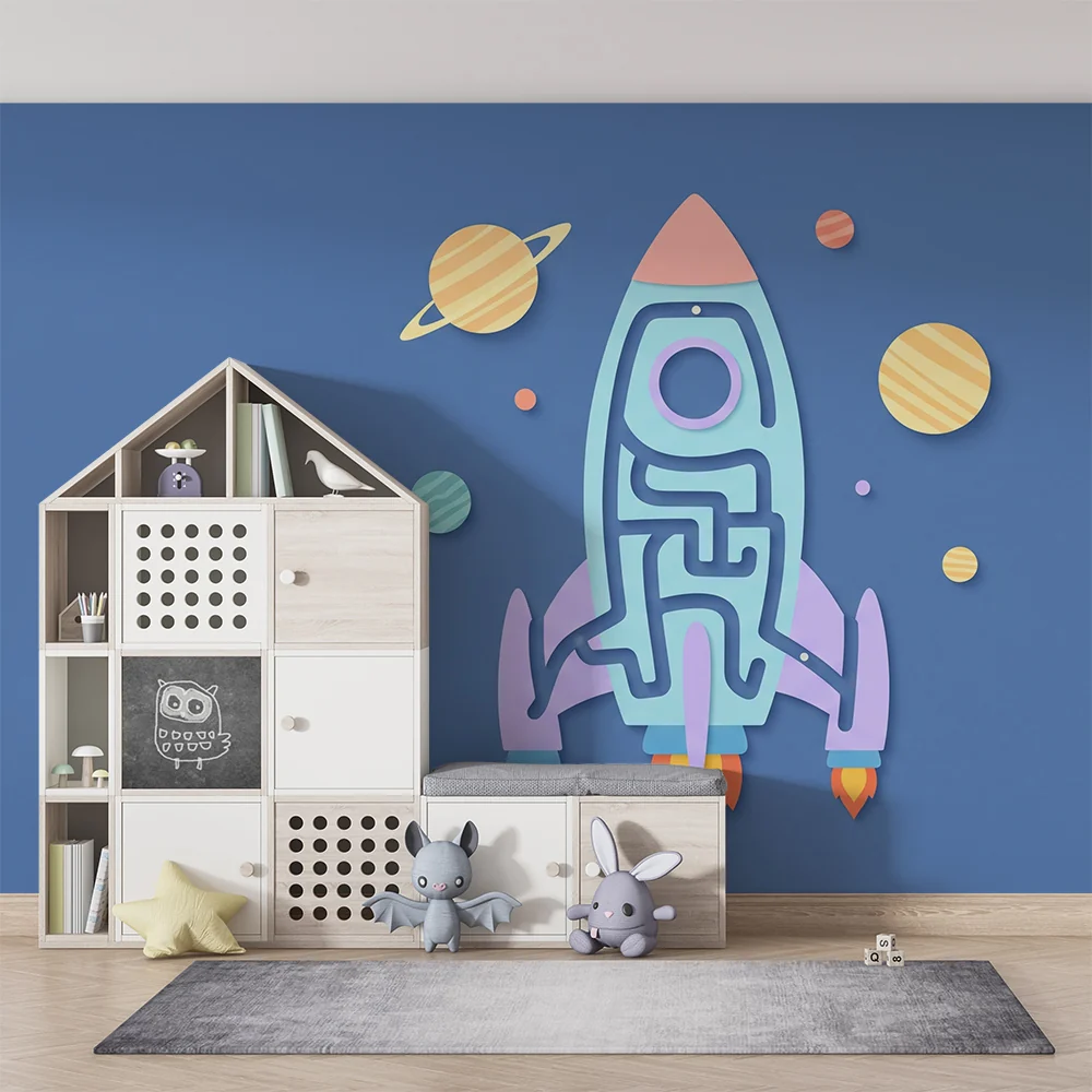 Papel de parede crianç | Foguete colorido e planetas no espaço