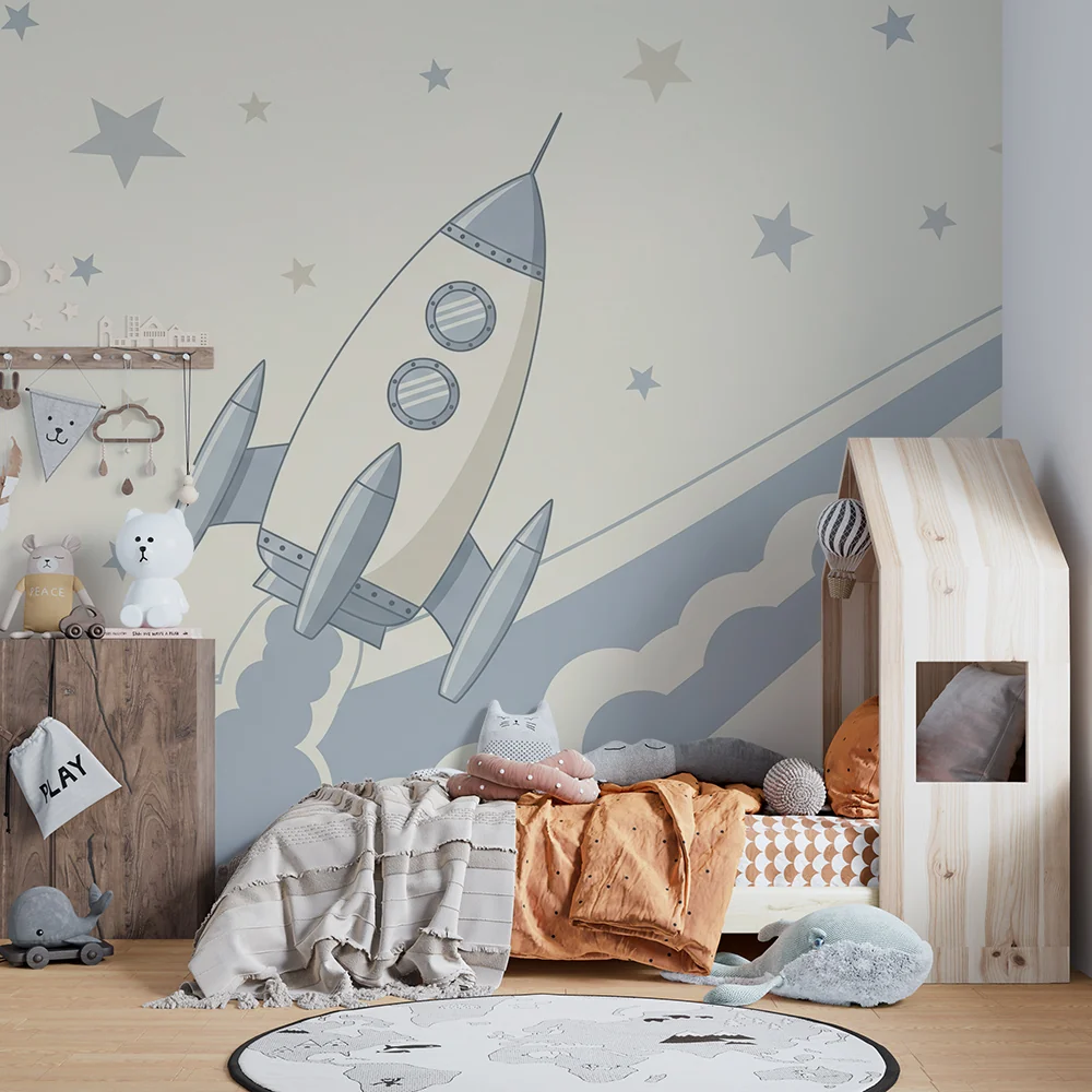 Papel de parede crianç | Foguete e estrelas em um céu suave