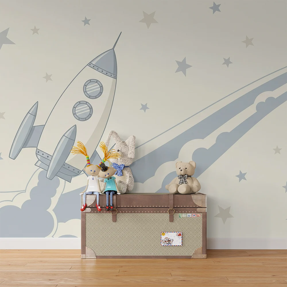 Papel de parede crianç | Foguete e estrelas em um céu suave
