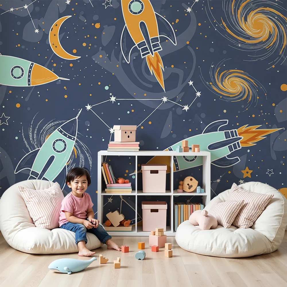 Papel de parede crianç | Foguetes coloridos e cosmos estrelado