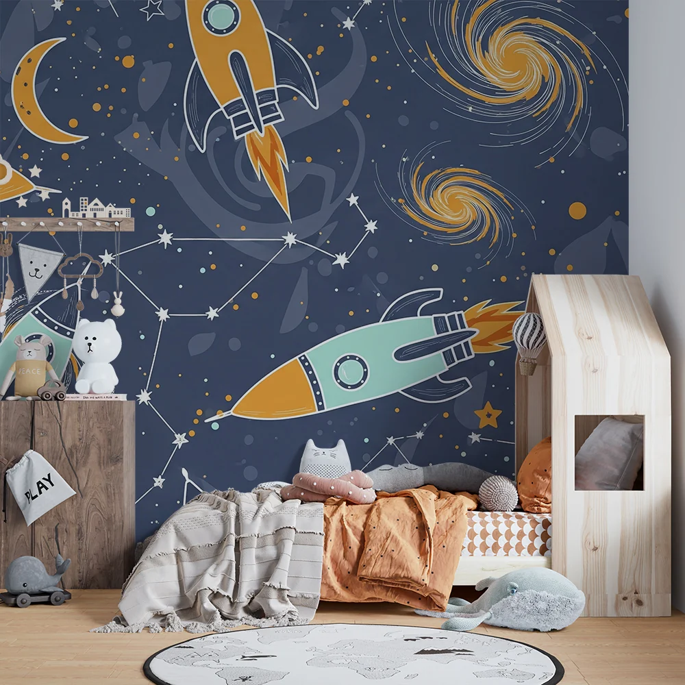 Papel de parede crianç | Foguetes coloridos e cosmos estrelado