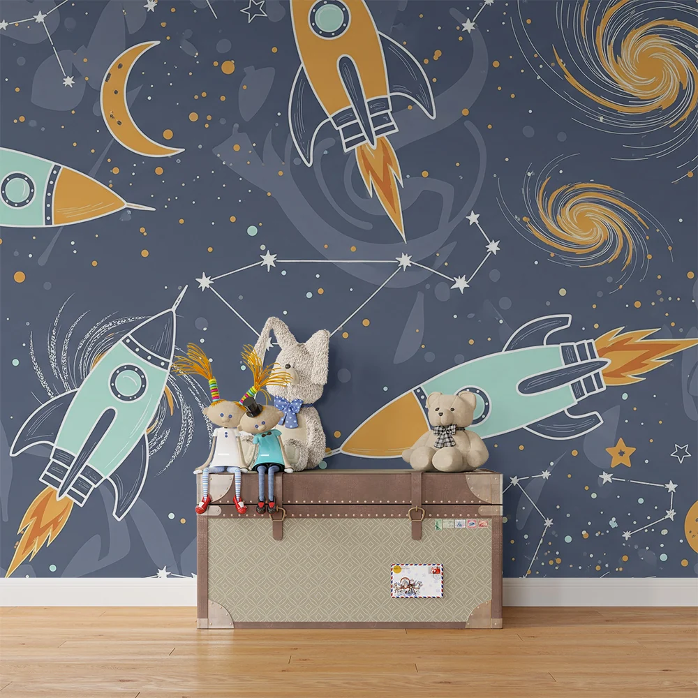 Papel de parede crianç | Foguetes coloridos e cosmos estrelado