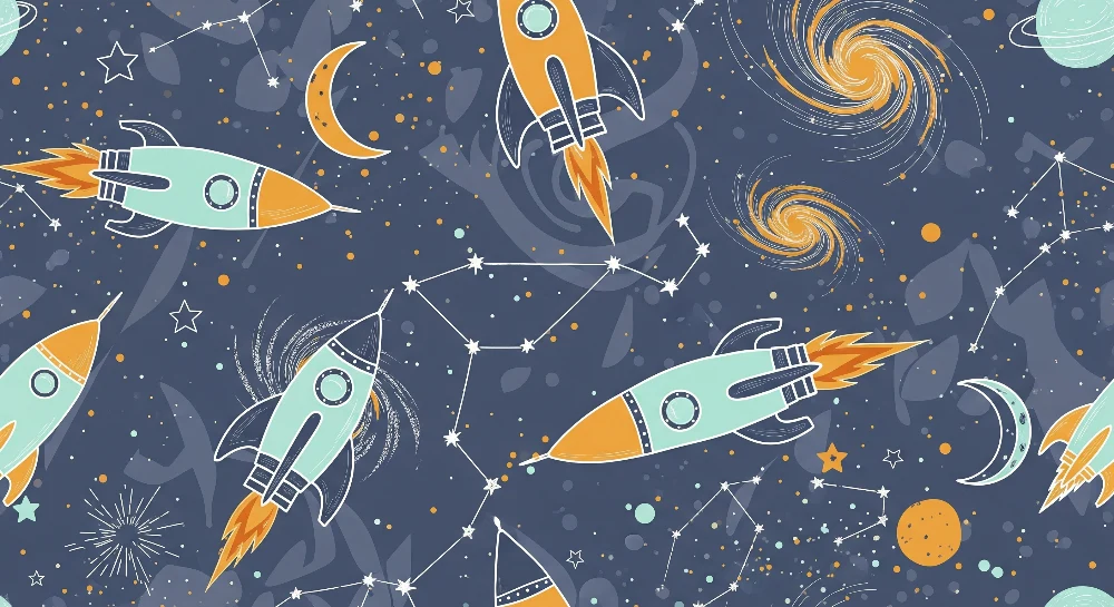 Papel de parede crianç | Foguetes coloridos e cosmos estrelado