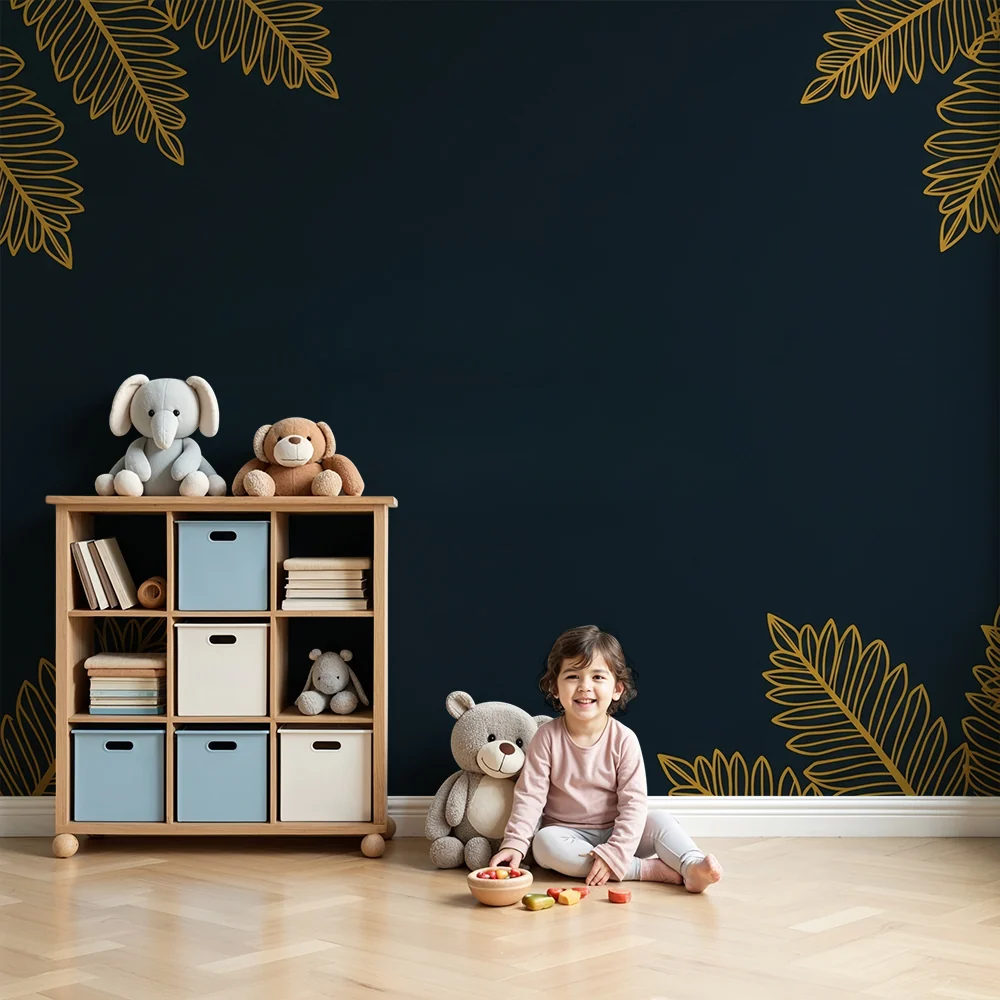Papel de parede crianç | Folhas douradas em fundo preto elegante