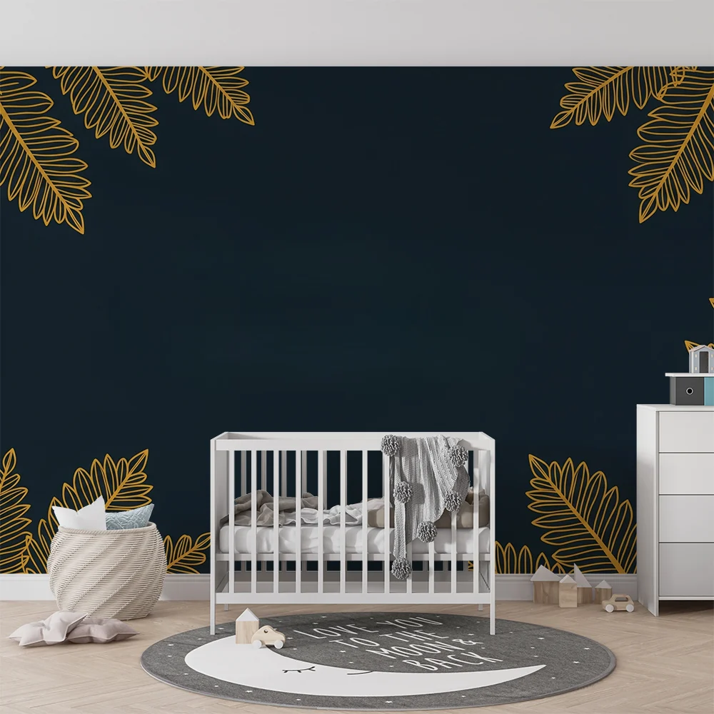 Papel de parede crianç | Folhas douradas em fundo preto elegante