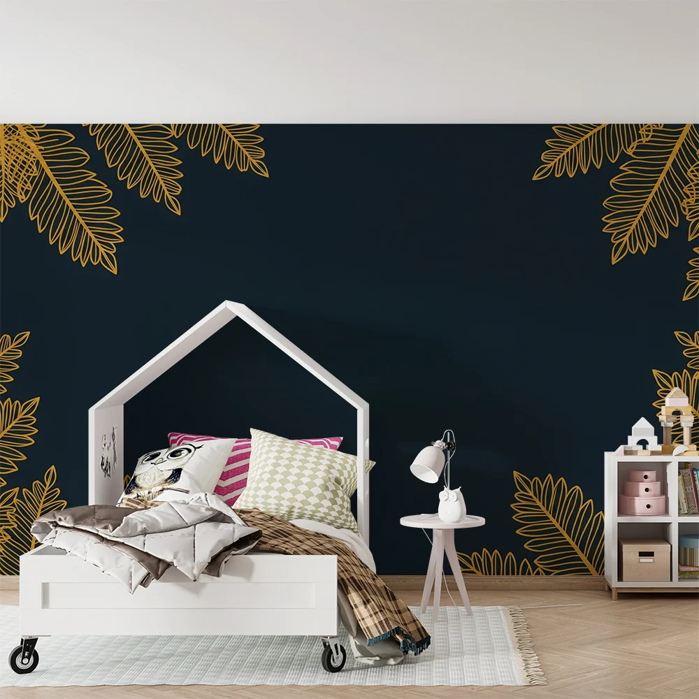 Papel de parede crianç | Folhas douradas em fundo preto elegante